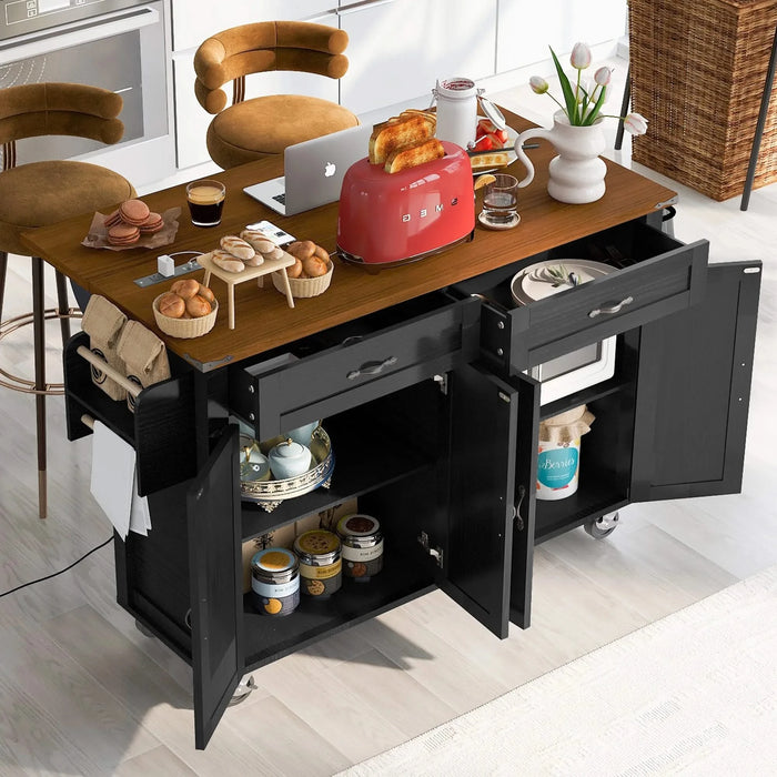 K&K 53.5''Farmhouse Kitchen Island with Power Outlet, Kitchen Storage Island with Drop Leaf, Spice Rack and Drawer, Rolling Kitchen Cart on Wheels, for Home, Kitchen and Dining Room, Black Default -DTYStore
