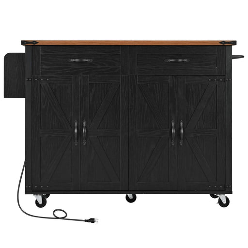 K&K 53.5''Farmhouse Kitchen Island with Power Outlet, Kitchen Storage Island with Drop Leaf, Spice Rack and Drawer, Rolling Kitchen Cart on Wheels, for Home, Kitchen and Dining Room, Black Default -DTYStore
