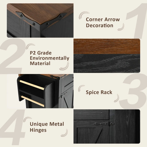 K&K 53.5''Farmhouse Kitchen Island with Power Outlet, Kitchen Storage Island with Drop Leaf, Spice Rack and Drawer, Rolling Kitchen Cart on Wheels, for Home, Kitchen and Dining Room, Black Default -DTYStore