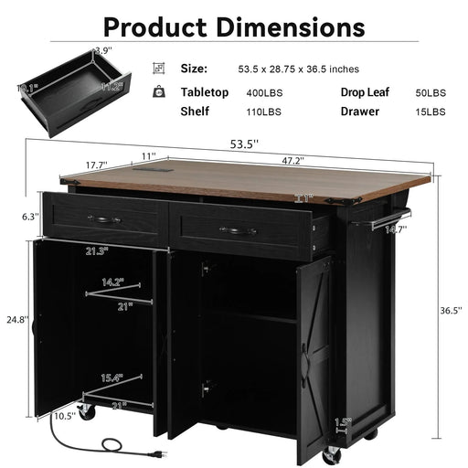K&K 53.5''Farmhouse Kitchen Island with Power Outlet, Kitchen Storage Island with Drop Leaf, Spice Rack and Drawer, Rolling Kitchen Cart on Wheels, for Home, Kitchen and Dining Room, Black Default -DTYStore