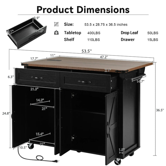 K&K 53.5''Farmhouse Kitchen Island with Power Outlet, Kitchen Storage Island with Drop Leaf, Spice Rack and Drawer, Rolling Kitchen Cart on Wheels, for Home, Kitchen and Dining Room, Black Default -DTYStore