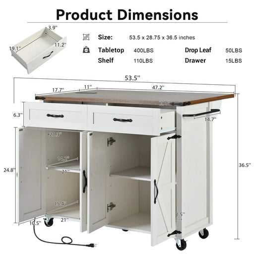K&K 53.5''Farmhouse Kitchen Island with Power Outlet, Kitchen Storage Island with Drop Leaf, Spice Rack and Drawer, Rolling Kitchen Cart on Wheels, for Home, Kitchen and Dining Room, White Default -DTYStore