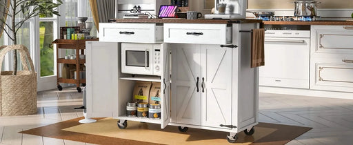 K&K 53.5''Farmhouse Kitchen Island with Power Outlet, Kitchen Storage Island with Drop Leaf, Spice Rack and Drawer, Rolling Kitchen Cart on Wheels, for Home, Kitchen and Dining Room, White Default -DTYStore