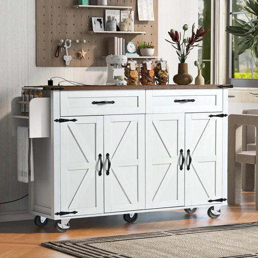K&K 53.5''Farmhouse Kitchen Island with Power Outlet, Kitchen Storage Island with Drop Leaf, Spice Rack and Drawer, Rolling Kitchen Cart on Wheels, for Home, Kitchen and Dining Room, White Default -DTYStore