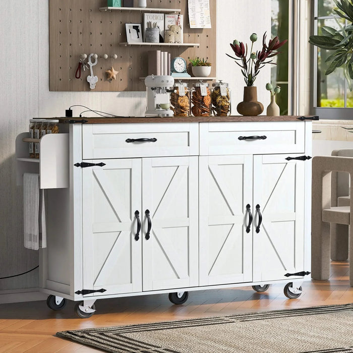 K&K 53.5''Farmhouse Kitchen Island with Power Outlet, Kitchen Storage Island with Drop Leaf, Spice Rack and Drawer, Rolling Kitchen Cart on Wheels, for Home, Kitchen and Dining Room, White Default -DTYStore