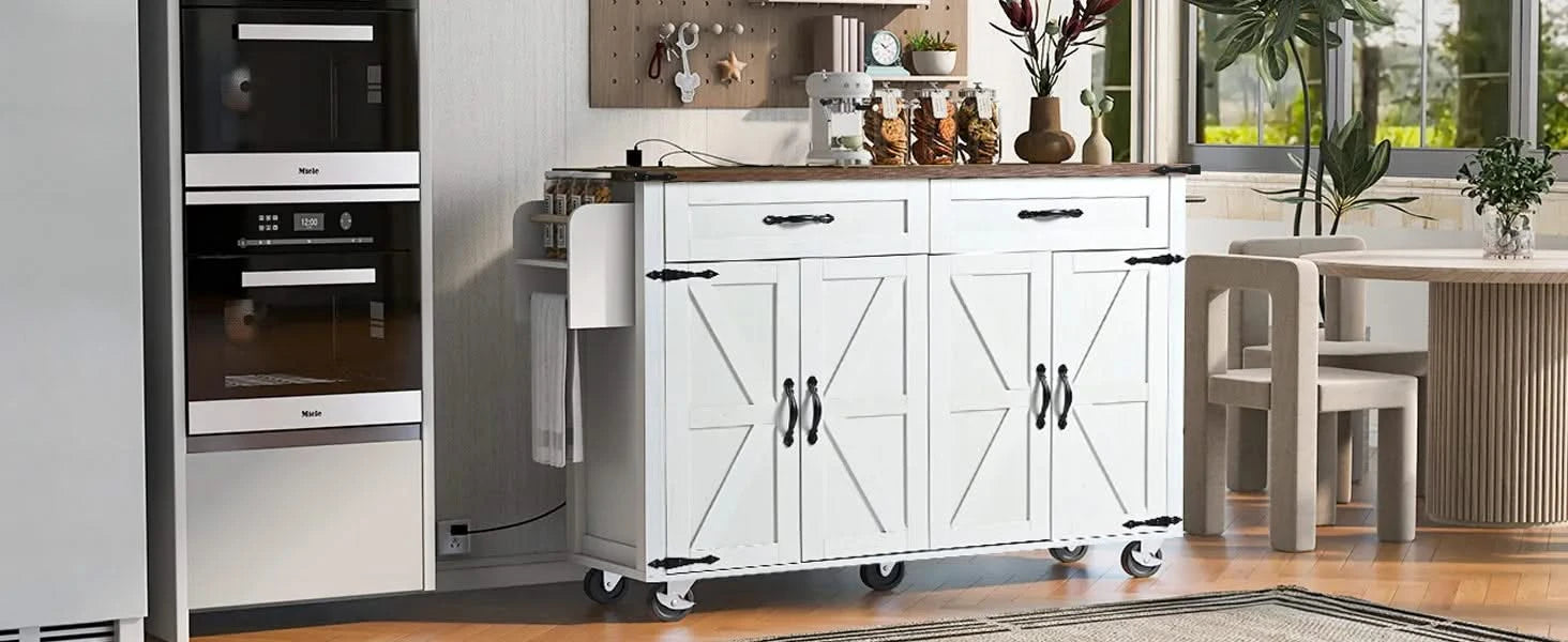 K&K 53.5''Farmhouse Kitchen Island with Power Outlet, Kitchen Storage Island with Drop Leaf, Spice Rack and Drawer, Rolling Kitchen Cart on Wheels, for Home, Kitchen and Dining Room, White Default -DTYStore