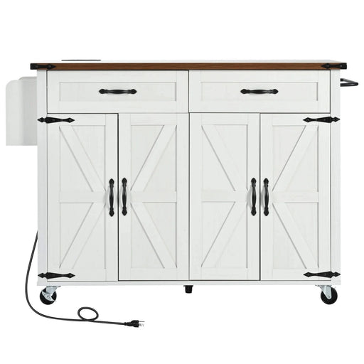 K&K 53.5''Farmhouse Kitchen Island with Power Outlet, Kitchen Storage Island with Drop Leaf, Spice Rack and Drawer, Rolling Kitchen Cart on Wheels, for Home, Kitchen and Dining Room, White Default -DTYStore