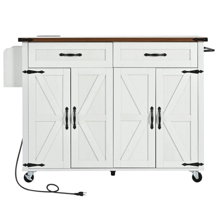 K&K 53.5''Farmhouse Kitchen Island with Power Outlet, Kitchen Storage Island with Drop Leaf, Spice Rack and Drawer, Rolling Kitchen Cart on Wheels, for Home, Kitchen and Dining Room, White Default -DTYStore