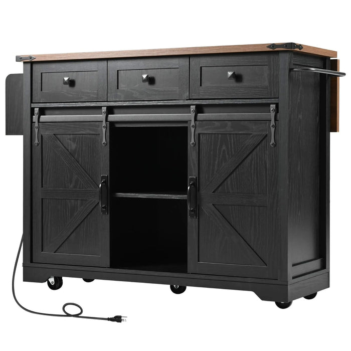 K&K 53.7' Farmhouse Kitchen Island with Power Outlet, 2 Sliding Barn Door Kitchen Storage Island with Drop Leaf, Spice Rack Rolling Kitchen Cart on Wheels, for Home, Kitchen and Dining Room, Black Default -DTYStore