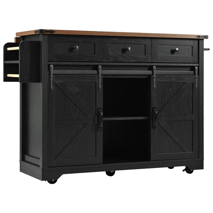 K&K 53.7' Farmhouse Kitchen Island with Power Outlet, 2 Sliding Barn Door Kitchen Storage Island with Drop Leaf, Spice Rack Rolling Kitchen Cart on Wheels, for Home, Kitchen and Dining Room, Black Default -DTYStore