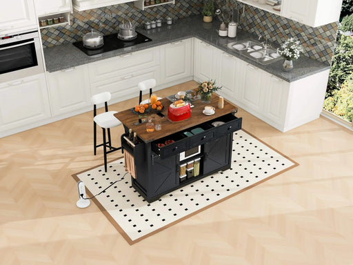 K&K 53.7' Farmhouse Kitchen Island with Power Outlet, 2 Sliding Barn Door Kitchen Storage Island with Drop Leaf, Spice Rack Rolling Kitchen Cart on Wheels, for Home, Kitchen and Dining Room, Black Default -DTYStore