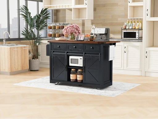 K&K 53.7' Farmhouse Kitchen Island with Power Outlet, 2 Sliding Barn Door Kitchen Storage Island with Drop Leaf, Spice Rack Rolling Kitchen Cart on Wheels, for Home, Kitchen and Dining Room, Black Default -DTYStore