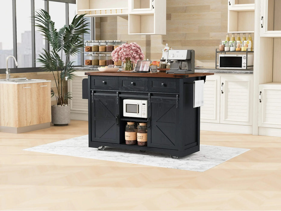 K&K 53.7' Farmhouse Kitchen Island with Power Outlet, 2 Sliding Barn Door Kitchen Storage Island with Drop Leaf, Spice Rack Rolling Kitchen Cart on Wheels, for Home, Kitchen and Dining Room, Black Default -DTYStore