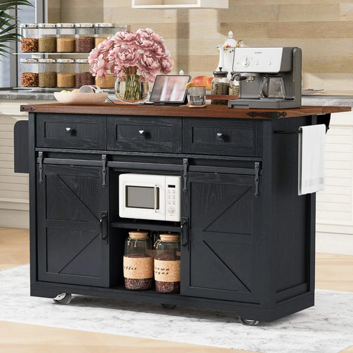 K&K 53.7' Farmhouse Kitchen Island with Power Outlet, 2 Sliding Barn Door Kitchen Storage Island with Drop Leaf, Spice Rack Rolling Kitchen Cart on Wheels, for Home, Kitchen and Dining Room, Black Default -DTYStore