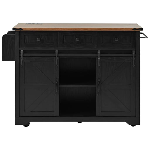 K&K 53.7' Farmhouse Kitchen Island with Power Outlet, 2 Sliding Barn Door Kitchen Storage Island with Drop Leaf, Spice Rack Rolling Kitchen Cart on Wheels, for Home, Kitchen and Dining Room, Black Default -DTYStore