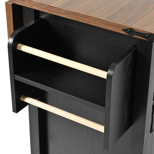 K&K 53.7' Farmhouse Kitchen Island with Power Outlet, 2 Sliding Barn Door Kitchen Storage Island with Drop Leaf, Spice Rack Rolling Kitchen Cart on Wheels, for Home, Kitchen and Dining Room, Black Default -DTYStore