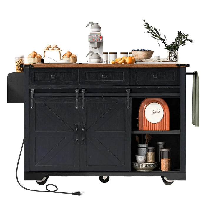 K&K 53.7' Farmhouse Kitchen Island with Power Outlet, 2 Sliding Barn Door Kitchen Storage Island with Drop Leaf, Spice Rack Rolling Kitchen Cart on Wheels, for Home, Kitchen and Dining Room, Black Default -DTYStore