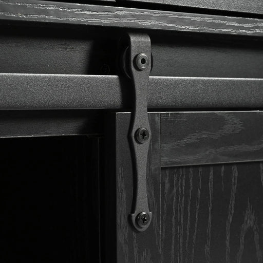 K&K 53.7' Farmhouse Kitchen Island with Power Outlet, 2 Sliding Barn Door Kitchen Storage Island with Drop Leaf, Spice Rack Rolling Kitchen Cart on Wheels, for Home, Kitchen and Dining Room, Black Default -DTYStore