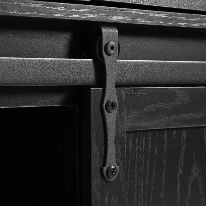 K&K 53.7' Farmhouse Kitchen Island with Power Outlet, 2 Sliding Barn Door Kitchen Storage Island with Drop Leaf, Spice Rack Rolling Kitchen Cart on Wheels, for Home, Kitchen and Dining Room, Black Default -DTYStore