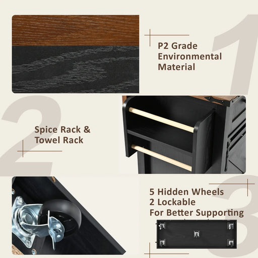 K&K 53.7' Farmhouse Kitchen Island with Power Outlet, 2 Sliding Barn Door Kitchen Storage Island with Drop Leaf, Spice Rack Rolling Kitchen Cart on Wheels, for Home, Kitchen and Dining Room, Black Default -DTYStore