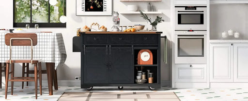 K&K 53.7' Farmhouse Kitchen Island with Power Outlet, 2 Sliding Barn Door Kitchen Storage Island with Drop Leaf, Spice Rack Rolling Kitchen Cart on Wheels, for Home, Kitchen and Dining Room, Black Default -DTYStore