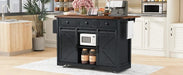 K&K 53.7' Farmhouse Kitchen Island with Power Outlet, 2 Sliding Barn Door Kitchen Storage Island with Drop Leaf, Spice Rack Rolling Kitchen Cart on Wheels, for Home, Kitchen and Dining Room, Black Default -DTYStore