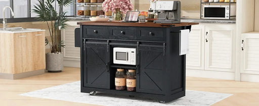 K&K 53.7' Farmhouse Kitchen Island with Power Outlet, 2 Sliding Barn Door Kitchen Storage Island with Drop Leaf, Spice Rack Rolling Kitchen Cart on Wheels, for Home, Kitchen and Dining Room, Black Default -DTYStore