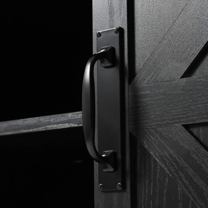 K&K 53.7' Farmhouse Kitchen Island with Power Outlet, 2 Sliding Barn Door Kitchen Storage Island with Drop Leaf, Spice Rack Rolling Kitchen Cart on Wheels, for Home, Kitchen and Dining Room, Black Default -DTYStore