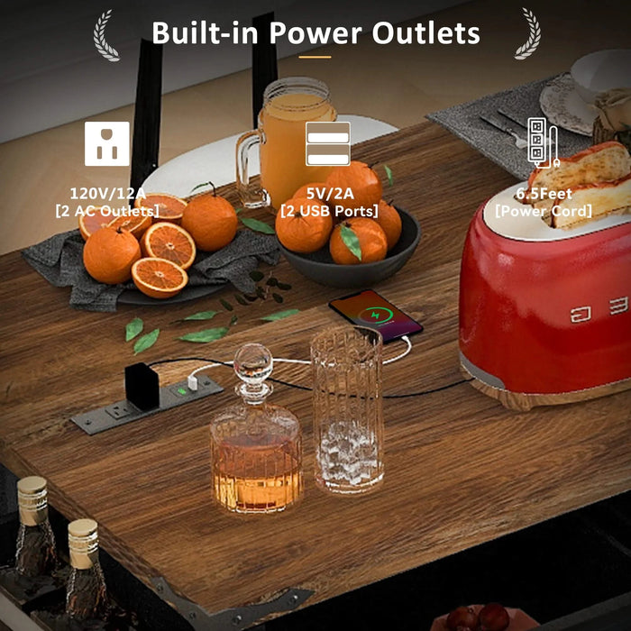 K&K 53.7' Farmhouse Kitchen Island with Power Outlet, 2 Sliding Barn Door Kitchen Storage Island with Drop Leaf, Spice Rack Rolling Kitchen Cart on Wheels, for Home, Kitchen and Dining Room, Black Default -DTYStore