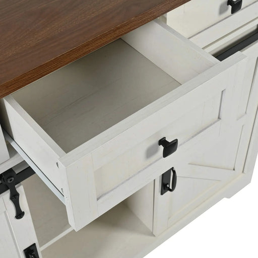 K&K 53.7' Farmhouse Kitchen Island with Power Outlet, 2 Sliding Barn Door Kitchen Storage Island with Drop Leaf, Spice Rack Rolling Kitchen Cart on Wheels, for Home, Kitchen and Dining Room, White Default -DTYStore