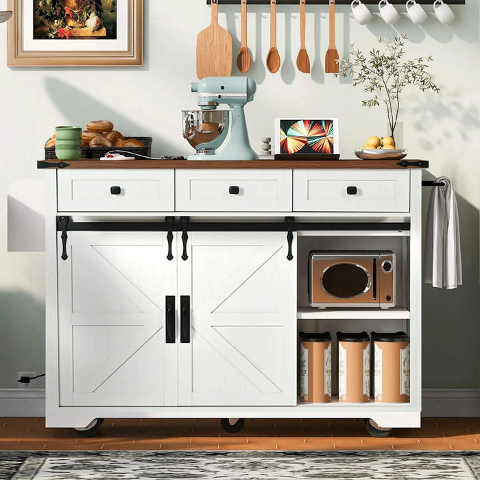 K&K 53.7' Farmhouse Kitchen Island with Power Outlet, 2 Sliding Barn Door Kitchen Storage Island with Drop Leaf, Spice Rack Rolling Kitchen Cart on Wheels, for Home, Kitchen and Dining Room, White Default -DTYStore
