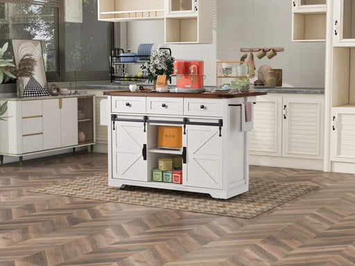 K&K 53.7' Farmhouse Kitchen Island with Power Outlet, 2 Sliding Barn Door Kitchen Storage Island with Drop Leaf, Spice Rack Rolling Kitchen Cart on Wheels, for Home, Kitchen and Dining Room, White Default -DTYStore