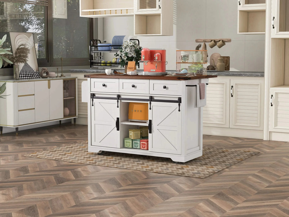 K&K 53.7' Farmhouse Kitchen Island with Power Outlet, 2 Sliding Barn Door Kitchen Storage Island with Drop Leaf, Spice Rack Rolling Kitchen Cart on Wheels, for Home, Kitchen and Dining Room, White Default -DTYStore