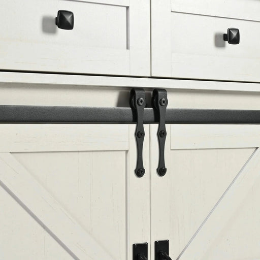 K&K 53.7' Farmhouse Kitchen Island with Power Outlet, 2 Sliding Barn Door Kitchen Storage Island with Drop Leaf, Spice Rack Rolling Kitchen Cart on Wheels, for Home, Kitchen and Dining Room, White Default -DTYStore