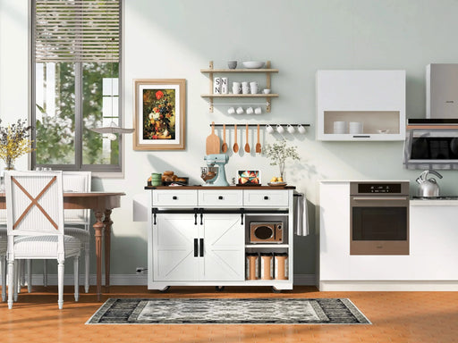 K&K 53.7' Farmhouse Kitchen Island with Power Outlet, 2 Sliding Barn Door Kitchen Storage Island with Drop Leaf, Spice Rack Rolling Kitchen Cart on Wheels, for Home, Kitchen and Dining Room, White Default -DTYStore