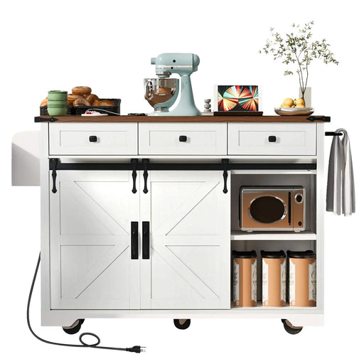 K&K 53.7' Farmhouse Kitchen Island with Power Outlet, 2 Sliding Barn Door Kitchen Storage Island with Drop Leaf, Spice Rack Rolling Kitchen Cart on Wheels, for Home, Kitchen and Dining Room, White Default -DTYStore