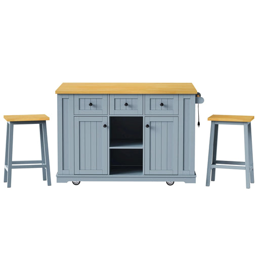 K&K 53inch Large Kitchen Island with 2 Bar Stools, Power Outlet,Door Internal Storage Rack,Kitchen Storage Cart on 5 Wheels with Drop Leaf,5 Open Side Racks,3 Drawers for Kitchen,Dining Room,Grey Blue Default -DTYStore