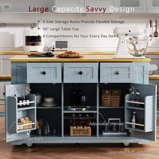 K&K 53inch Large Kitchen Island with 2 Bar Stools, Power Outlet,Door Internal Storage Rack,Kitchen Storage Cart on 5 Wheels with Drop Leaf,5 Open Side Racks,3 Drawers for Kitchen,Dining Room,Grey Blue Default -DTYStore