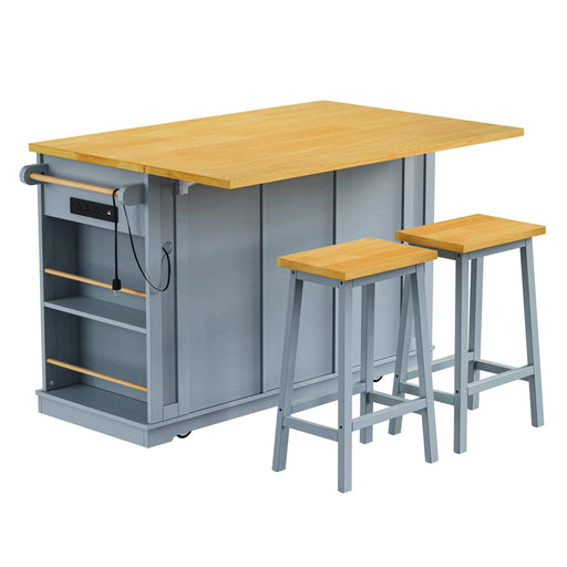 K&K 53inch Large Kitchen Island with 2 Bar Stools, Power Outlet,Door Internal Storage Rack,Kitchen Storage Cart on 5 Wheels with Drop Leaf,5 Open Side Racks,3 Drawers for Kitchen,Dining Room,Grey Blue Default -DTYStore