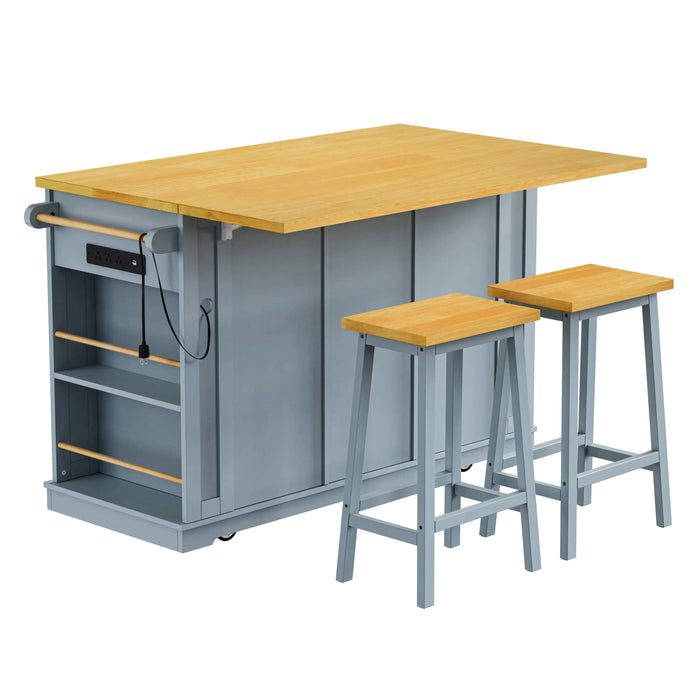 K&K 53inch Large Kitchen Island with 2 Bar Stools, Power Outlet,Door Internal Storage Rack,Kitchen Storage Cart on 5 Wheels with Drop Leaf,5 Open Side Racks,3 Drawers for Kitchen,Dining Room,Grey Blue Default -DTYStore