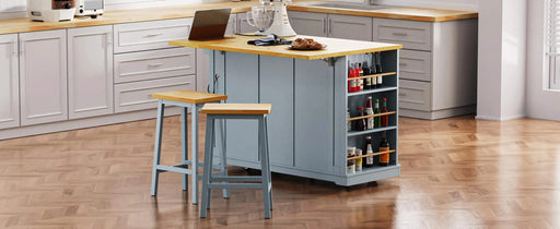 K&K 53inch Large Kitchen Island with 2 Bar Stools, Power Outlet,Door Internal Storage Rack,Kitchen Storage Cart on 5 Wheels with Drop Leaf,5 Open Side Racks,3 Drawers for Kitchen,Dining Room,Grey Blue Default -DTYStore