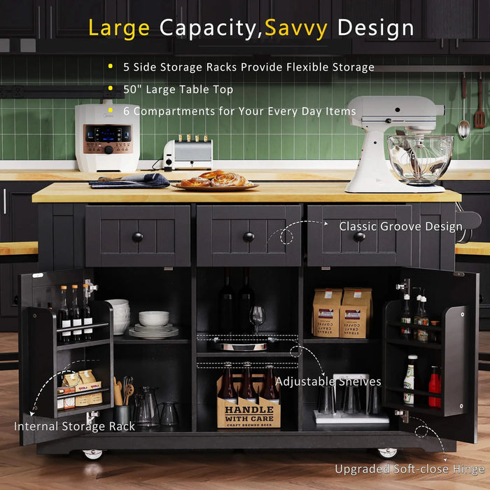 K&K 53inch Large Kitchen Island with 2 Bar Stools, Power Outlet,Door Internal Storage Rack, Kitchen Storage Cart on 5 Wheels with Drop Leaf, 5 Open Side Racks, 3 Drawers, for Kitchen,Dining Room,Black Default -DTYStore