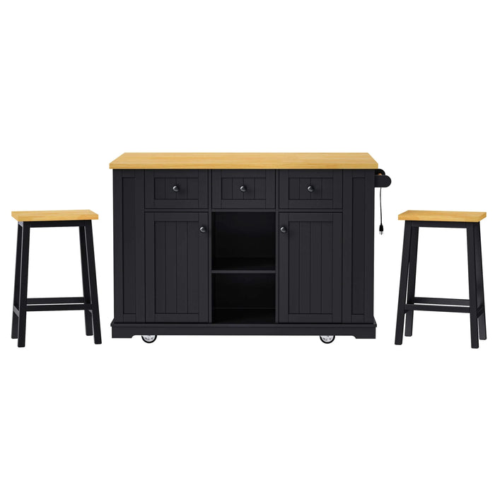 K&K 53inch Large Kitchen Island with 2 Bar Stools, Power Outlet,Door Internal Storage Rack, Kitchen Storage Cart on 5 Wheels with Drop Leaf, 5 Open Side Racks, 3 Drawers, for Kitchen,Dining Room,Black Default -DTYStore