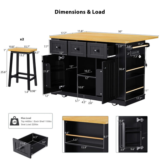 K&K 53inch Large Kitchen Island with 2 Bar Stools, Power Outlet,Door Internal Storage Rack, Kitchen Storage Cart on 5 Wheels with Drop Leaf, 5 Open Side Racks, 3 Drawers, for Kitchen,Dining Room,Black Default -DTYStore