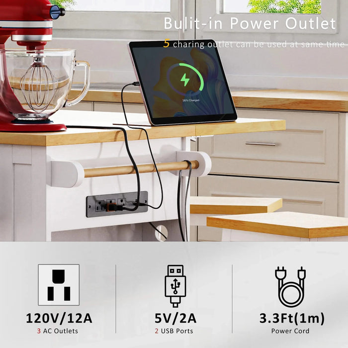 K&K 53inch Large Kitchen Island with 2 Bar Stools, Power Outlet,Door Internal Storage Rack, Kitchen Storage Cart on 5 Wheels with Drop Leaf, 5 Open Side Racks, 3 Drawers, for Kitchen,Dining Room,White Default -DTYStore