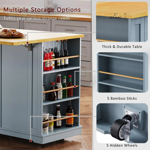 K&K 53inch Large Kitchen Island with Drop Leaf,Power Outlet,Door Internal Storage Rack,Rolling Kitchen Cart on 5 Wheels with 5 Open Side Racks for Kitchen,Dining Room,Grey Blue(Not include bar stools) Default -DTYStore