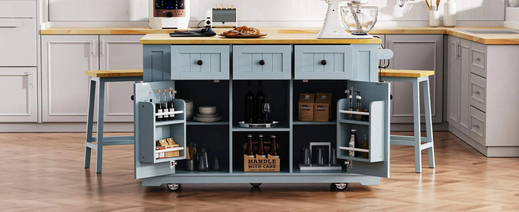 K&K 53inch Large Kitchen Island with Drop Leaf,Power Outlet,Door Internal Storage Rack,Rolling Kitchen Cart on 5 Wheels with 5 Open Side Racks for Kitchen,Dining Room,Grey Blue(Not include bar stools) Default -DTYStore