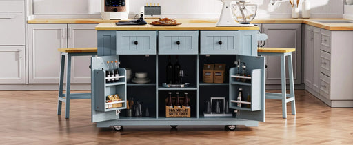 K&K 53inch Large Kitchen Island with Drop Leaf,Power Outlet,Door Internal Storage Rack,Rolling Kitchen Cart on 5 Wheels with 5 Open Side Racks for Kitchen,Dining Room,Grey Blue(Not include bar stools) Default -DTYStore
