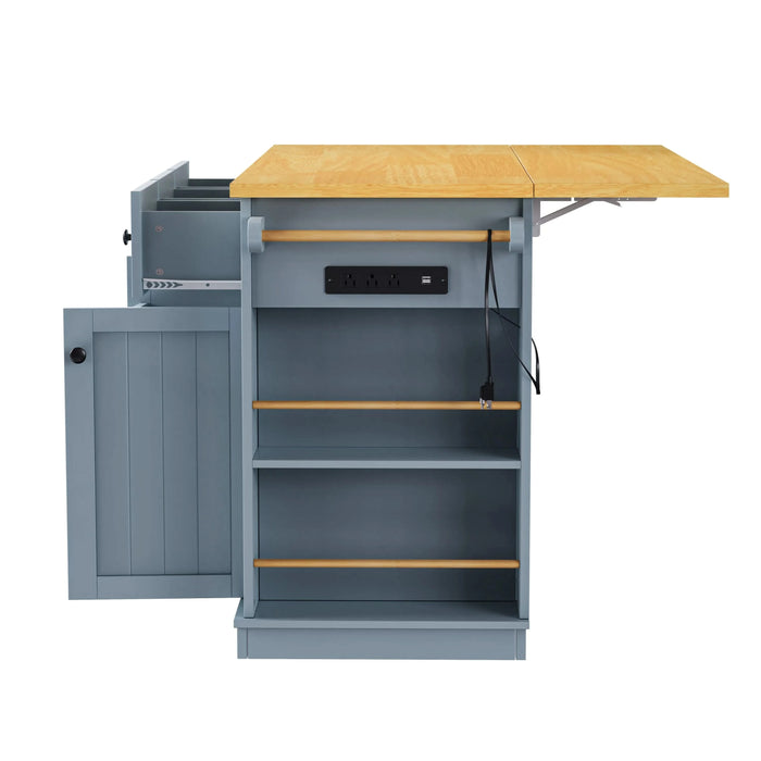 K&K 53inch Large Kitchen Island with Drop Leaf,Power Outlet,Door Internal Storage Rack,Rolling Kitchen Cart on 5 Wheels with 5 Open Side Racks for Kitchen,Dining Room,Grey Blue(Not include bar stools) Default -DTYStore