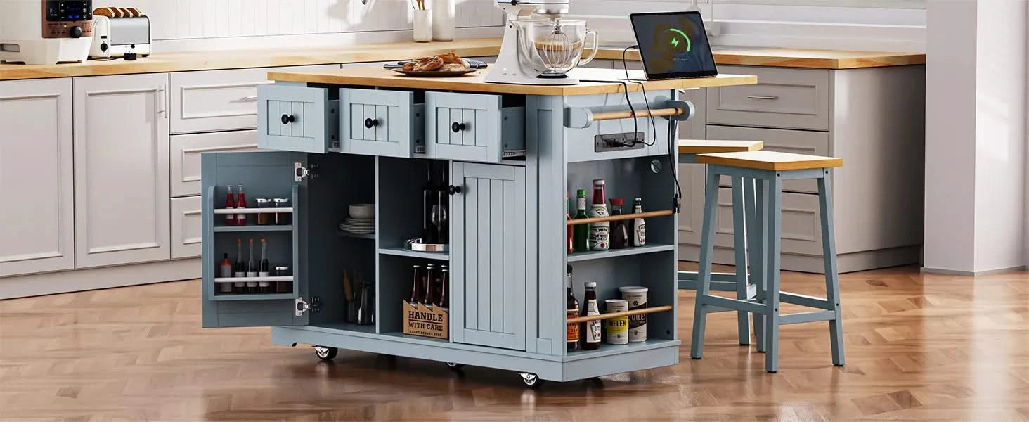 K&K 53inch Large Kitchen Island with Drop Leaf,Power Outlet,Door Internal Storage Rack,Rolling Kitchen Cart on 5 Wheels with 5 Open Side Racks for Kitchen,Dining Room,Grey Blue(Not include bar stools) Default -DTYStore
